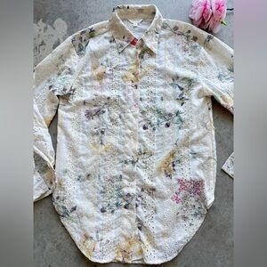 Adiva Shirt Small Ivory Embroidered Eyelet Floral Button Down Long Sleeves